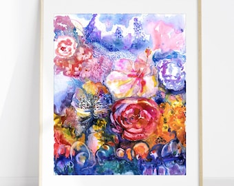 Vibrant flowers wall art, Colorful Surreal Art Print, Funky Wall Art, Yoga Studio Decor, Rose of Venus, Spiritual Wall Art, Nature Art