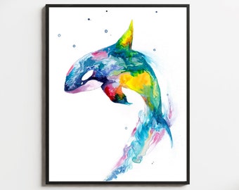 Walvis kunst, orka schilderij, Coastal Wild Life print, aquarel orca kunst aan de muur, orka kunst, walvis kwekerij, kleurrijke walvis kunst, kinderkamer