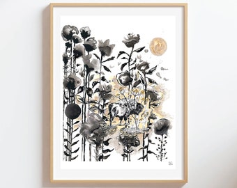 Black & Gold  Abstract Botanical Art with Bison Drawing, Contemporary illustration, Buffalo art print, Mixed Media Collage, Floral Pattern