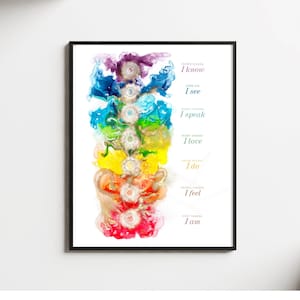 Chakra Poster, Framed Chakra Art, Yoga Gifts, Artful Chakra Wall Hanging, Chakra Wall Art, Chakra Affirmations, Chakra Print, Chakra Deco