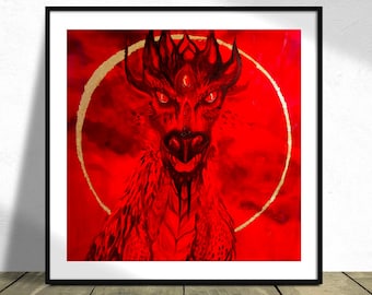 Red Dragon Art Print with Gold Foil, Year of the dragon, Dragon lover gifts