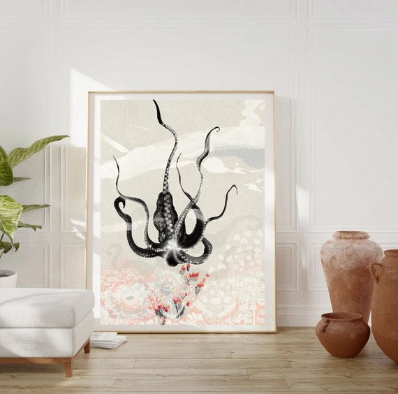 Zen Octopus Ink Drawing, Japanese Sumi-e Art Print, Kraken Decor
