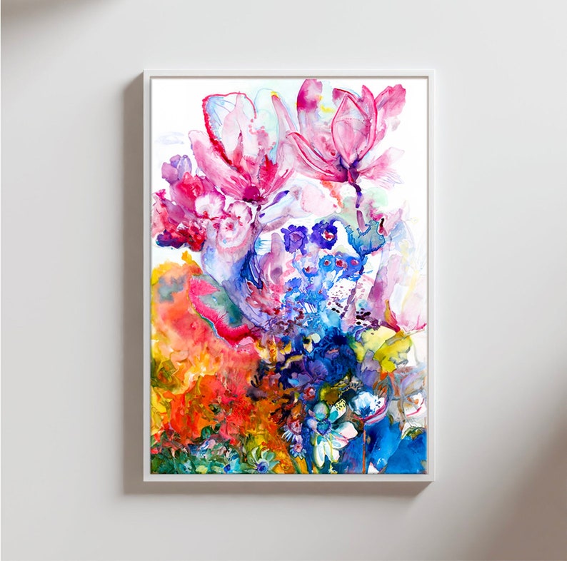 Vibrant Magnolia art, Colorful Flowers wall Art, Surreal Art Print, Funky Wall Art, Yoga Studio Decor, Rose of Venus, Spiritual Wall Art image 1