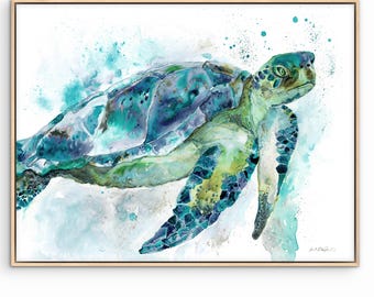 Sea Turtle Watercolor Print, Coastal Beach House Wall Art