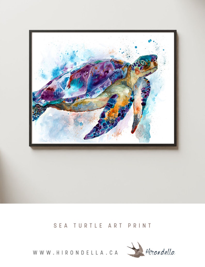 Sea Turtle Watercolor, Ocean Turtle Wall Art, Sea Turtle Bathroom Decor, Turtle Canvas, Ocean Art, Sea Turtle Art Painting, Nautical Turtle image 1