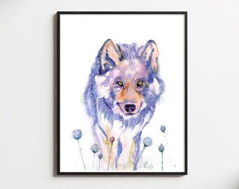 Watercolor Wolf in nature, Abstract Wolf and Moon Artist Print, above bed art, Mystical Print, minimalist Canadian art, Witchy Art