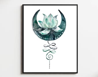 Moon Lotus Art Print, Celestial Lotus Flower, Meditation Decor, Serene Yoga Wall Art, Zen Studio Decor, Unalome Art, Crescent Moon Lotus
