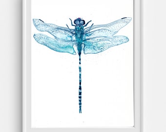 Dragonfly Watercolor, Blue Dragonfly Art Painting, Framed Dragonfly Print, Dragonfly Wall Art, Dragonfly Artwork Canvas, Insect Art, Gift