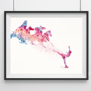 Figure Skating Art In Vibrant Pink Rose Watercolors, Abstract Horses Painting, Ice Skating Poster, Nursery Wall Art, Kids Room Decor, Gift