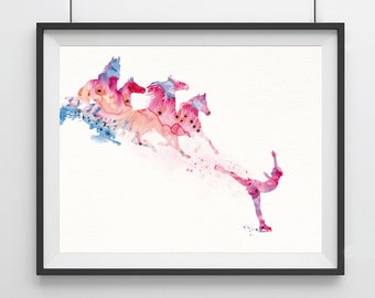 Figure Skating Art In Vibrant Pink Rose Watercolors, Abstract Horses Painting, Ice Skating Poster, Nursery Wall Art, Kids Room Decor, Gift