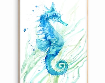 Blaues Seepferdchen Aquarell Druck, Küsten Wandbild, Meer Zimmer Dekor, Meer Leben Illustration
