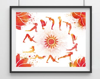 Sun Salutation Print, Yoga Salutation Poster, Surya Namaskar Print, Yoga Art, Sun Salutation Art, Yoga Asanas, Gift For Yoga Mom, Meditation