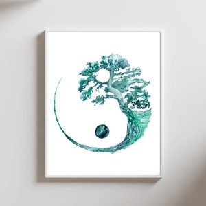 Yin Yang Wall Art, Yoga Sun And Moon Print, Meditation Room Decor, Green Zen Tree Art, Yoga Art, Buddhist Art, Spiritual Wall Art, Mantra