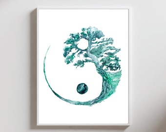 Yin Yang Wall Art, Yoga Sun And Moon Print, Meditation Room Decor, Green Zen Tree Art, Yoga Art, Buddhist Art, Spiritual Wall Art, Mantra