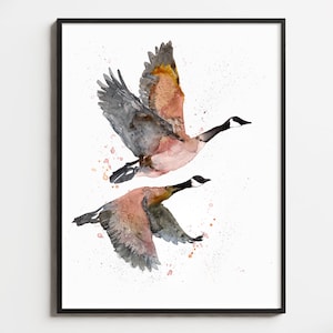 Canadese ganzen, aquarel vliegende vogel, Canadese gans decor, paar Canadese ganzen, minimalistische eend kunst aan de muur, gans schilderij, vogelkunst, lente