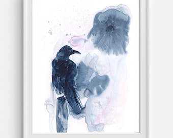 Blue Raven Art Poster, Watercolor Raven Art Print, Abstract Raven illustration, Dark Crown Artwork, Raven Wall Art, Bird Art Prints, Nature