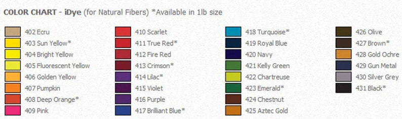 May include: Color chart for iDye fabric dye, showing a variety of colors in 1 lb size. The colors are arranged in columns by color family: yellow, red, blue, green, brown, and black. Each color is labeled with a number and name, such as 402 Ecru, 410 Scarlet, 418 Turquoise, 426 Olive, and 431 Black.