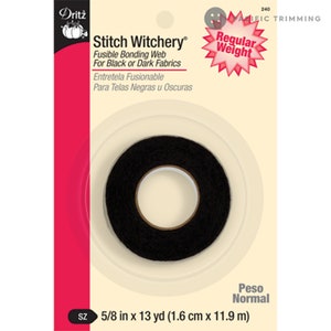 May include: Black fusible bonding web for dark fabrics, Stitch Witchery, regular weight, 5/8 inch by 13 yards (1.6 cm by 11.9 m).