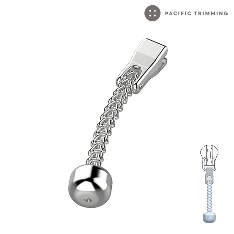 May include: Silver zipper pull with a chain and a round ball at the end. The pull has a clip at the top. The image also shows a close-up of the zipper pull attached to a zipper.
