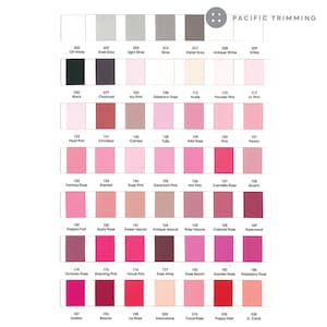 Peut inclure: Un nuancier de rubans en différentes nuances de rose, rouge et blanc. Le nuancier est étiqueté avec des numéros et des noms pour chaque couleur, tels que "Rose Pink", "Hot Pink" et "Peony".