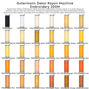 May include: A collection of 200 meter spools of Gutermann Dekor Rayon embroidery thread in a variety of colors, including black, white, yellow, orange, and brown.
