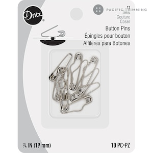 May include: A pack of 10 silver button pins, 3/4 inch in size, for sewing and crafting. The package is labelled "Button Pins" and includes the text "Sew, Couture, Coser" in English, French, and Spanish.
