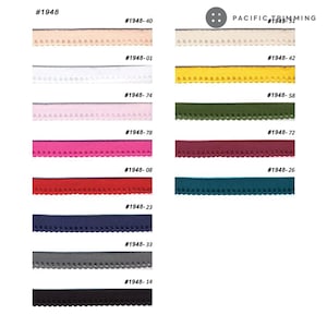 May include: A chart of 12 different colors of trim with scalloped edges. The trim is labeled with numbers, such as #1948-40, #1948-01, #1948-74, #1948-78, #1948-08, #1948-23, #1948-33, and #1948-14. The chart is titled "PACIFIC TRIMMING".
