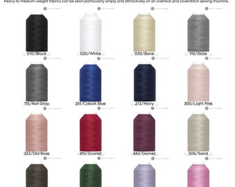 Puede incluir: Una colección de 14 carretes de hilo para remalladora Gutermann Premium en varios colores, incluyendo negro, blanco, hueso, pizarra, gris riel, azul cobalto, azul marino, rosa claro, rosa viejo, escarlata, granate, arena, marrón oscuro, verde oscuro, dalia y lila rosa. Cada carrete está etiquetado con un nombre de color y un número.