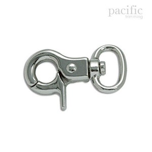 May include: Silver swivel snap hook with a D-ring. The hook is made of metal and has a polished finish.