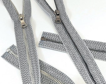 Metal no.5 Black & White Herringbone Woven Tape Zipper *Custom Cut to Length*