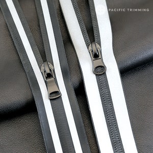 Black & Silver Reflective Tape Water Repellent Nylon #7 Coil Zipper *Custom Cut to Length*