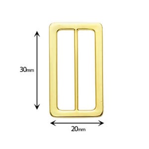 May include: A gold-colored rectangular metal slider buckle with a center bar. The buckle features rounded corners and a smooth finish. Dimension arrows indicate a height of 30mm and a width of 20mm, providing clear scale for this hardware component.