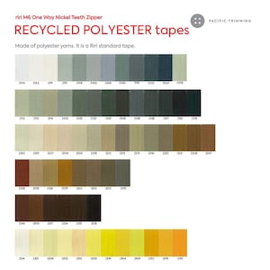 K&ouml;nnte beinhalten: Farbkarte mit recycelten Polyesterb&auml;ndern in verschiedenen Farbt&ouml;nen, darunter Gr&uuml;n-, Braun- und Gelbt&ouml;ne. Die Karte zeigt Farbmuster mit entsprechenden Nummern. Der Text "RECYCLED POLYESTER tapes" ist sichtbar.