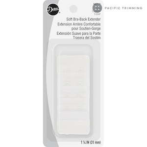 May include: White bra extender with three rows of hooks and eyes. The extender is packaged on a white card with the Dritz brand name and product information. The card measures 1 1/2 inches in length.