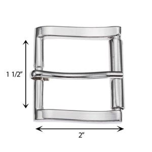 May include: A silver-toned metal belt buckle with a rectangular frame and a central prong. The buckle features a smooth, polished finish. Dimension arrows indicate a height of 1 1/2 inches and a width of 2 inches for the frame structure.
