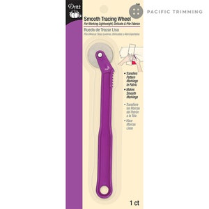 May include: Purple tracing wheel with a grey wheel for marking lightweight, delicate, and pile fabrics. The packaging includes the text "Smooth Tracing Wheel" and "Rueda de Trazar Lisa".