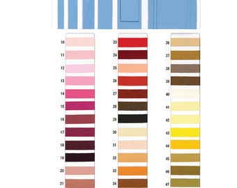 May include: A color chart of fabric trim samples in various colors and widths. The chart includes 6mm, 9mm, 12mm, 15mm, 19mm, 25mm, 32mm, 38mm, and 50mm widths. The colors include pink, red, brown, black, white, yellow, and green.