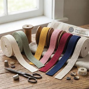 Può includere: Una collezione di rotoli di nastro in cotone a spina di pesce nei colori crema, verde salvia, giallo, rosa, bordeaux e blu navy. Il set include un paio di forbici in metallo, diversi bottoni scuri, due ditali in metallo e un metro a nastro.