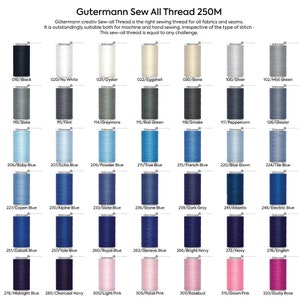 Puede incluir: Una carta de colores de carretes de hilo Gutermann Sew All Thread 250M. La carta muestra 24 colores de hilo diferentes, cada uno con un número y un nombre correspondiente. El hilo es adecuado tanto para la costura a máquina como a mano.