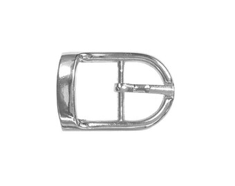 May include: Silver metal buckle with a rounded rectangular shape. The buckle has a single prong and a smooth finish.