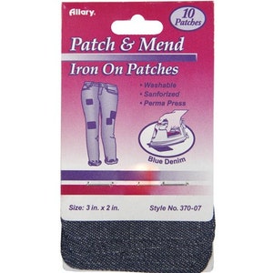 May include: A package of Allary Patch & Mend iron-on patches for blue denim. The package is pink and white, with an illustration of jeans with patches. The patches are 3 in. x 2 in. and washable.