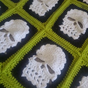 May include: A crocheted blanket with a black and green checkered pattern. Each square features a white crocheted skull design.