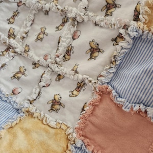 Winnie The Pooh Rag Blanket- Disney nursery quilt, Pooh Bear Blanket,Rag Square Blanket, Winnie The Pooh Quilt,Nursery Blanket,Flannel Quilt