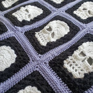 May include: A crocheted blanket with a repeating pattern of white skull motifs on a black and purple background.