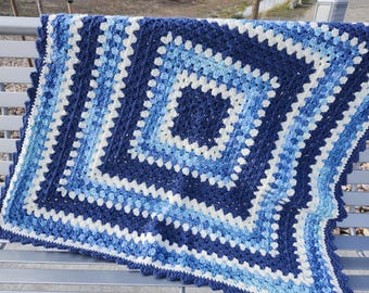 Handmade Crochet Granny Square Baby Blanket | Blue Heirloom Afghan