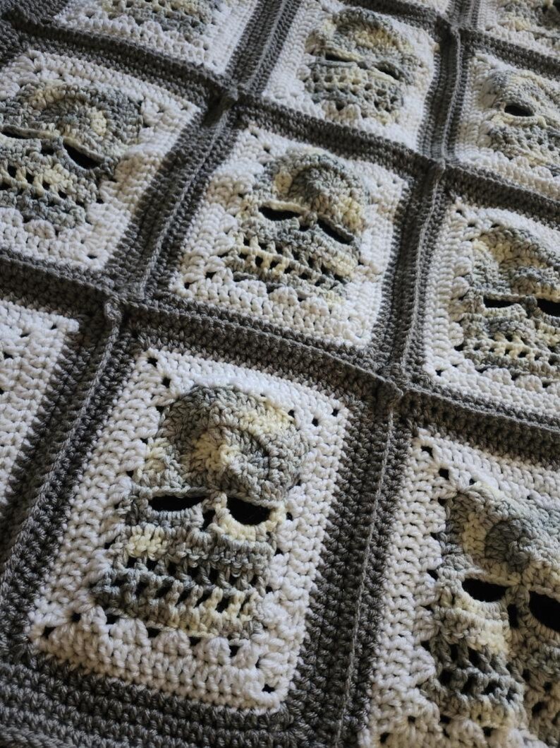 Crochet Skull Blanket: Goth Granny Square Halloween Decor image 9