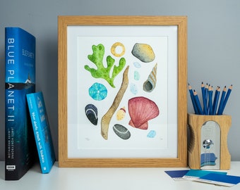 Coastline souvenirs art print – 8 x 10 inches – limited edition – seashells, driftwood and pebbles design