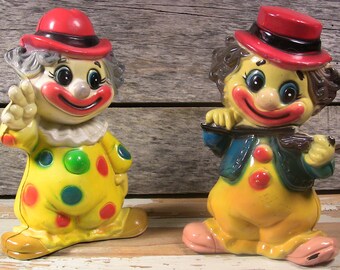 Vintage Coin Banks Colorful Pair Blowmold Plastic Clowns Hong Kong 1950s-1960s Clown Toys