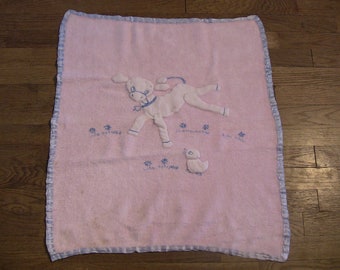 Vintage Baby Blanket Security Receiving Hand Sewn Applique Satin Edge 22x27 1950s Nursery Decor Doll Bedding Handmade Pink Blue Embroidery