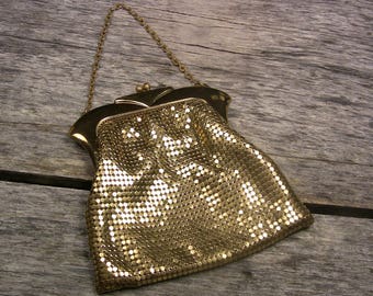 Vintage Gold Mesh Evening Bag Whiting Davis Purse Wristlet Mid Century 1960s Fashion Accessories